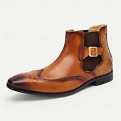 cheap Premium Leather Boots-Men&#039;s Brown Ankle Boots with Brogue Detailing &amp; Snakeskin Accent - Premium Cowhide Leather Dress Boots for Formal &amp; Casual Wear