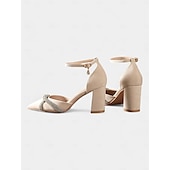 preiswerte Halbformell-Schwarze Pumps mit Blockabsatz für Damen mit Strass-überkreuztem Riemchen und Fußkettchen – elegante Schuhe mit spitzer Spitze für formelle Anlässe