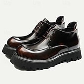 baratos Botas de couro premium-Botas masculinas de couro envernizado marrom com cadarço grosso - sapatos sociais casuais de grife com sola robusta para moda urbana