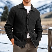 billige cardigangenser for menn-Herre Cardigan Genser Strikket genser Riflet Strikke Normal Knepp opp Sidelommer Helfarge Krage Mote Klassisk Dagligdagstøy Stevnemøte Klær Vår Høst vinter Svart Brun S M L