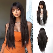 baratos Perucas Sintéticas sem Touca-Perucas sintéticas Uniformes Trajes de carreira Princesa Liso Kinky Liso Parte do meio Corte em Camadas Com Franjas Fabrico à Máquina Peruca 30 polegadas Castanho Escuro Cabelo Sintético Mulheres