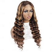 economico Parrucche lace front capelli veri-Parrucca profonda sciolta in pizzo frontale con mèches di capelli umani 4x4 p4/27 densità 150%