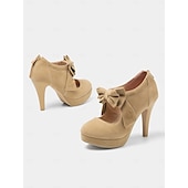 levne Block Heels-dámské semišové lodičky s červenou mašlí - retro lodičky na platformě na jehlovém podpatku, ideální pro looky inspirované vintage, večírky a zvláštní příležitosti