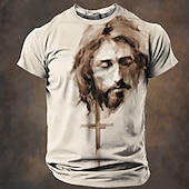 cheap Faith T shirts-Christmas Men&#039;s Jesus T shirt Short Sleeve T shirt 3D Print Crew Neck Shirt Retro Vintage Casual Street Style Christmas Sports Outdoor Holiday Light Blue Light Green Light Brown Spring &amp; Summer