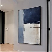 cheap Still Life Paintings-Handpainted White Blue Textured Painting Oversized 3D handmade Abstract Geometric Wall Art painting Large Minimalist black white textured Painting for Living Room bedroom Wall Decor Abstract Art