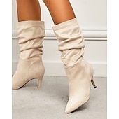 billiga Slouch Boots-damstövlar i brun mocka med mitten av vaden - eleganta stilettklackar med spetsiga tå, perfekta för höstens fritids- och festkläder