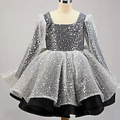 baratos Vestidos de Festa-Infantil Para Meninas Vestido de festa Côr Sólida Manga Longa Espetáculo Com Transparência Princesa Doce Com Transparência Longuette Vestido da bainha Vestido De Tule Verão Primavera Outono Crianças