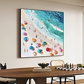 economico Quadri paesaggistici-Dipinto ad olio sulla spiaggia in 3D, dipinto ad olio astratto fatto a mano sulla costa su tela, dipinto fatto a mano sulla spiaggia soleggiata nei colori blu e beige, dipinto di onde per la