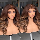 voordelige Pruiken van echt haar, met kanten voorzijde-Braziliaanse maagdelijke menselijke haar lijmloze ombre kant voor golvende pruik kastanjebruin lichtbruine menselijke haar pruik tweekleurige pruiken voorgeplukt voor vrouwen