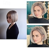 cheap Older Wigs-Women&#039;s Short Style Straight Gray Highlights Hair Wigs Short Stylish Fluffy Layer Wig Natural Middle Part Heat Resistant Wigs for Women with Bangs