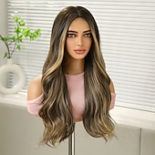 abordables Perruques Synthétiques Sans Bonnet-Perruque Synthétique Bouclé Ondulé Partie médiane Fabriqué à la machine Perruque 26 pouces Noir / Brun Cheveux Synthétiques Femme Mignon Cosplay Soirée Blond