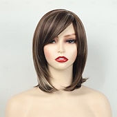 cheap Older Wigs-Shoulder Length Dark Brown Straight Bob Wigs Synthetic Medium Length Bob Hair Wig Halloween Costume Wigs for Women