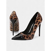 abordables Talons Aiguilles-talons aiguilles imprimé léopard pour femmes – escarpins à bout pointu en cuir verni rouge pour fêtes et événements nocturnes