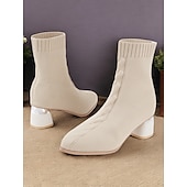 preiswerte Stiefeletten-beigefarbene Sock-Stiefeletten für Damen mit metallischem Blockabsatz – elastisches Strickgewebe und modernes Design für lässige und stylische Looks