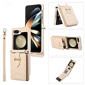 お買い得  サムスン用ケース-電話 ケース 用途 Z Flip 5 Z Flip 4 Z Flip 3 バックカバー スタンド付き ストラップ付き リストストラップ付き レトロ風 TPU PUレザー