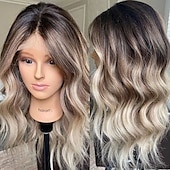 cheap Human Hair Lace Front Wigs-Brazilian Remy Human Hair Glueless 5x5 Lace Closure Wigs Ash Blonde  Highlighted 13x4 Lace Front Wig Wavy Pre-Plucked For Women