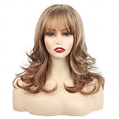 economico parrucca più vecchia-parrucche bionde per donne parrucca sintetica parrucca ondulata bordeaux nero marrone capelli sintetici donna riga in mezzo resistente al calore per feste quotidiane