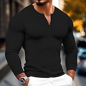 cheap Waffle Knit Tee-Men&#039;s Waffle Shirt T Shirt Tee Top Long Sleeve Shirt Long Sleeve V Neck Spring &amp;  Fall Plain Fashion Designer Basic V Neck Vacation Street Going out Black White Gray Top Tee for Men
