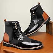 baratos Botas de vestir-Botas masculinas vintage brogue ankle boots - couro sintético marrom e preto com painel de tweed, design clássico de cadarço para ocasiões formais e casuais, botas sociais estilo retrô