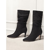 billiga Slouch Boots-damstövlar i brun mocka med mitten av vaden - eleganta stilettklackar med spetsiga tå, perfekta för höstens fritids- och festkläder