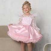 baratos Vestidos de Festa-Infantil Para Meninas Vestido de festa Côr Sólida Manga Longa Espetáculo Com Transparência Princesa Doce Com Transparência Longuette Vestido da bainha Vestido De Tule Verão Primavera Outono Crianças
