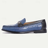 billiga Premium läder Loafers-loafers i blå premiumkoskinn för män med strutsmönster och metallspänne, eleganta klänningsskor för formella och vardagliga tillfällen