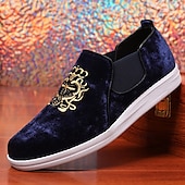 cheap Casual-Men&#039;s Burgundy Velvet Slip-On Loafers with Golden Embroidery and White Sole – Luxurious Casual Shoes for Parties and Events