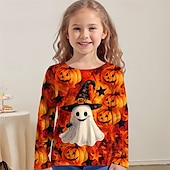 cheap Girl&#039;s Halloween Costumes-Halloween Girls&#039; 3D Graphic Pumpkin Ghost T shirt Tee Long Sleeve Spring Fall Fashion Basic Polyester Kids 4-12 Years Crew Neck Outdoor Casual Daily Regular Fit