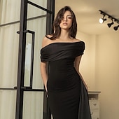 cheap BLACK-Mermaid Evening Gown Elegant Dress Formal Floor Length Short Sleeve One Shoulder Pocket Satin with Bow(s)