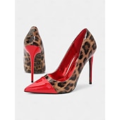 abordables Talons Aiguilles-talons aiguilles imprimé léopard pour femmes – escarpins à bout pointu en cuir verni rouge pour fêtes et événements nocturnes