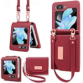 cheap Samsung Cases-Phone Case For Z Flip 6 Z Flip 5 Z Flip 4 Z Flip 3 Back Cover with Stand Holder with Wrist Strap Card Slot Retro TPU PU Leather