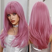 cheap Synthetic Trendy Wigs-Long Straight Wig with Bangs for Women Hair Synthetic Heat Resistant Pastel Layered Wig Sexy Colored Wig for Cosplay Christmas Gifts Party Wigs