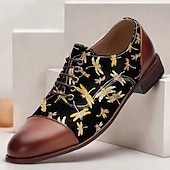 baratos Sapatos de Bordado Exquisitos-sapatos oxford vintage masculinos com cadarço - preto com tecido jacquard libélula, biqueira e salto de couro sintético marrom, ideais para estilos casuais e retrô
