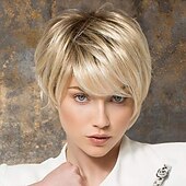 economico parrucca più vecchia-parrucche bionde corte per donne parrucche bionde con taglio pixie con frangia parrucche corte lisce a strati parrucche bionde chiare sintetiche dall&#039;aspetto naturale