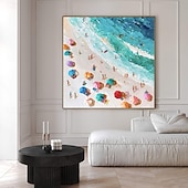 economico Quadri paesaggistici-Dipinto ad olio sulla spiaggia in 3D, dipinto ad olio astratto fatto a mano sulla costa su tela, dipinto fatto a mano sulla spiaggia soleggiata nei colori blu e beige, dipinto di onde per la