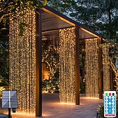 abordables Guirlandes solaires-3*3m 300 led solaire rideau lumière extérieure télécommande lumière 8 modes d&#039;éclairage guirlandes ip65 étanche fil de cuir lumières fête de noël mariage maison chambre jardin décoration murale