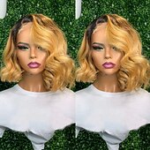 levne Paruky z přírodních vlasů se síťkou ofina-Remy lidské vlasy 13x4 krajka vpředu Paruka Krátký Bob Brazilské vlasy Vlnitá Vícebarevný Paruka 130% 150% Hustota vlasů s dětskými vlasy Ombre vlasy Bezlepkové Pro Dámské Dlouhý Paruky z přírodních