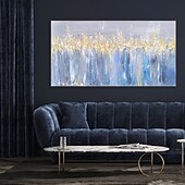 preiswerte Landschaftsgemälde-handgemachtes buntes abstraktes blau-goldenes Ölgemälde auf Leinwand, großes handgemaltes abstraktes strukturiertes Boho-Ölgemälde, moderne Wandkunst, zeitgenössisches minimalistisches Kunstwerk für