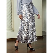 cheap Women&#039;s Skirt-Sequin Silver Party Midi Skirt