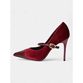 cheap Formal-Women&#039;s Burgundy Velvet Pointed Toe Stiletto Heels – Elegant High Heels with Gold Buckle for Formal and Evening Wear