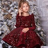 preiswerte Partykleider-kinderkleidung Mädchen Party Kleid Feste Farbe Langarm Leistung Gitter Prinzessin Süß Gitter Mitte der Wade Etuikleid Tüll-Kleid Sommer Frühling Herbst Kinder Schwarz Wein Marineblau