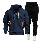 cheap Basic Tracksuits-Men&#039;s Hoodie Tracksuit Sweatsuit Quarter Zip Hoodie Black Navy Blue Khaki Light Grey Hooded Half Zip Plain Pocket 2 Piece Sports &amp; Outdoor Daily Holiday Polyester Streetwear Basic Casual Spring