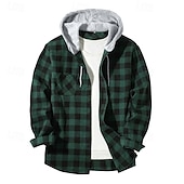お買い得  メンズオーバーシャツ-男性用 シャツ フランネルシャツ オーバーシャツ チェック アウトドア ストリート ルビーレッド ロイヤルブルー パープル オレンジ 長袖 フード付き 冬 春 &amp; 秋 衣類
