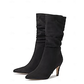 billiga Slouch Boots-damstövlar i brun mocka med mitten av vaden - eleganta stilettklackar med spetsiga tå, perfekta för höstens fritids- och festkläder