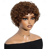 economico Parrucche di capelli veri senza cuffia-parrucche brasiliane corte pixie afro ricce e crespe per donne parrucca bob castana senza colla con frangia parrucca di capelli umani da 6 pollici