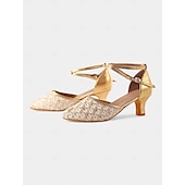 abordables Chaussures de danses latines-chaussures de danse en dentelle dorée pour femmes avec bride croisée et semelle en daim – talons confortables pour les événements de danse de salon et latine