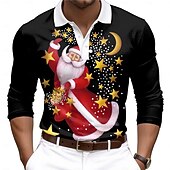 billiga Jultomtens outfit-Jul Herr jultomten Pikétröjor Golf pikétröjor Långärmad Polotröjor Krage Ledigt Semester Fest Vardag 3D-utskrift Knappar Vår Höst vinter Svart