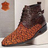cheap Premium Leather Boots-Men&#039;s Premium Cowhide Leather with Pony Hair Ankle Boots - Geometric Pattern Lace-Up Stylish Casual &amp; Formal Shoes