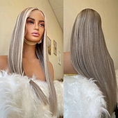 baratos Perucas de seda frontais de cabelo natural-cabelo brasileiro remy cabelo virgem 13x4 peruca frontal de renda cabelo humano liso loiro acinzentado com mechas coloridas sem cola perucas de cabelo humano pré-arrancadas para mulheres