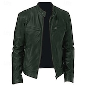 cheap Faux Leather Jackets-Men&#039;s Faux Leather Jacket Transition Jacket Biker Jacket Street Casual Thermal Warm Windproof Zipper Spring Fall Solid Color Pocket Vintage Fashion Stand Collar Regular Faux Leather Slim Fit Silver